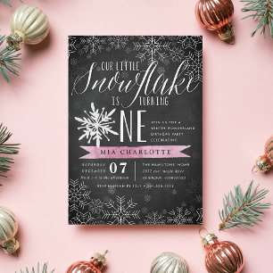 Little Snowflake Pink Chalkboard Erster Geburtstag Einladung