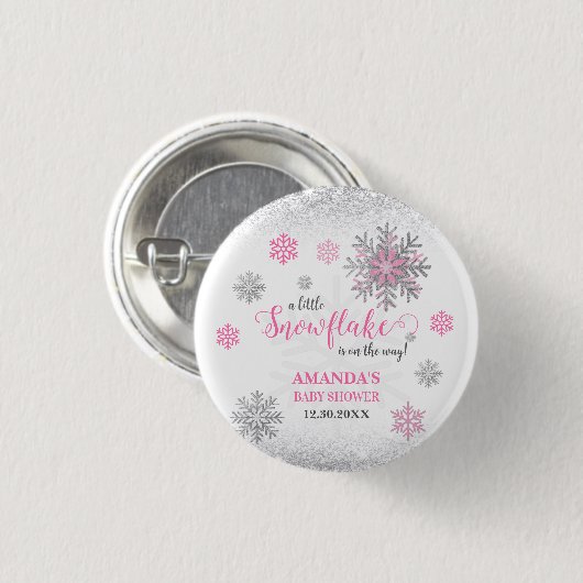 Little Snowflake Pink Silver Glittery Baby Shower  Button (Vorne & Hinten)