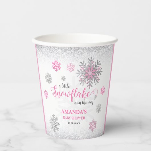 Little Snowflake Pink Silver Glittery Baby Shower Pappbecher (Vorderseite)