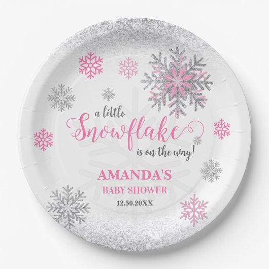 Little Snowflake Pink Silver Glittery Baby Shower Pappteller (Vorderseite)