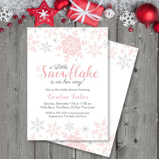 Little Snowflake Pink Silver Glitzer Babydusche Einladung