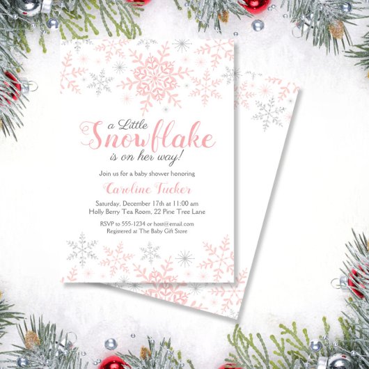 Little Snowflake Pink Silver Glitzer Babydusche Einladung