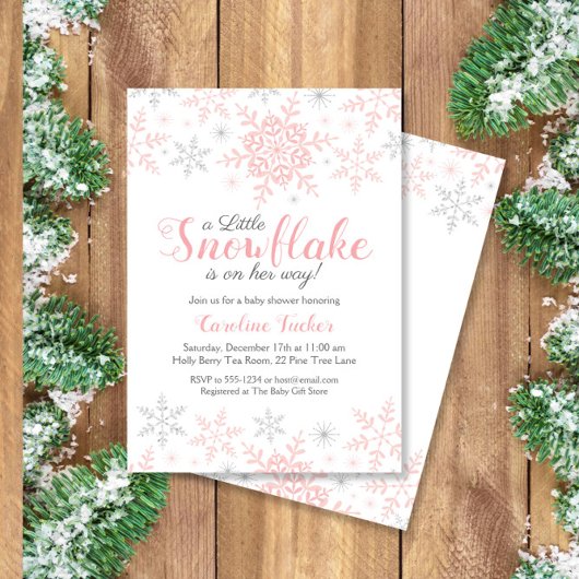 Little Snowflake Pink Silver Glitzer Babydusche Einladung