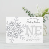 Little Snowflake Silver Glitzer 1. Geburtstag Einladung (Stehend Vorderseite)