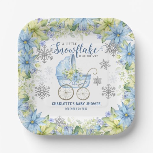 Little Snowflake Winter Floral Blue Baby Dusche Pappteller (Vorderseite)
