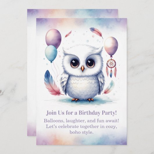 Little Snowy Owl Birthday Invitation Boho Einladung (Vorne/Hinten)