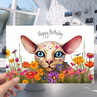 Little Sphynx Cat in the Flower Meadow - Birthday Karte