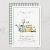 Little Sprout Border Sage Gingham Baby Shower Einladung (Vorne/Hinten)