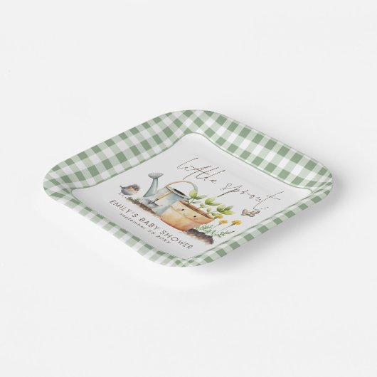 Little Sprout Sage Gingham Garden Baby Shower Pappteller (Gewinkelt)