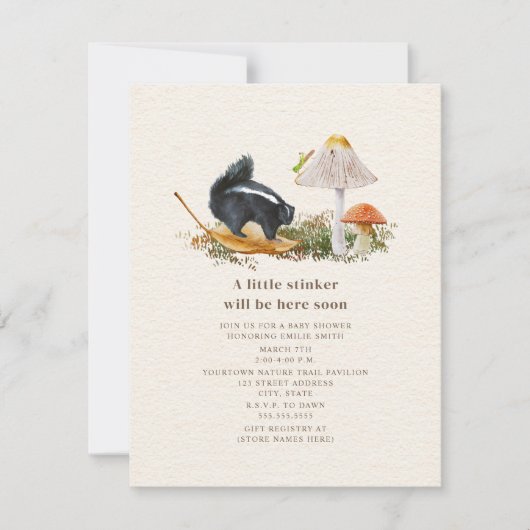 Little Stinker Mushroom Woodland Skunk Baby Shower Einladung (Vorderseite)