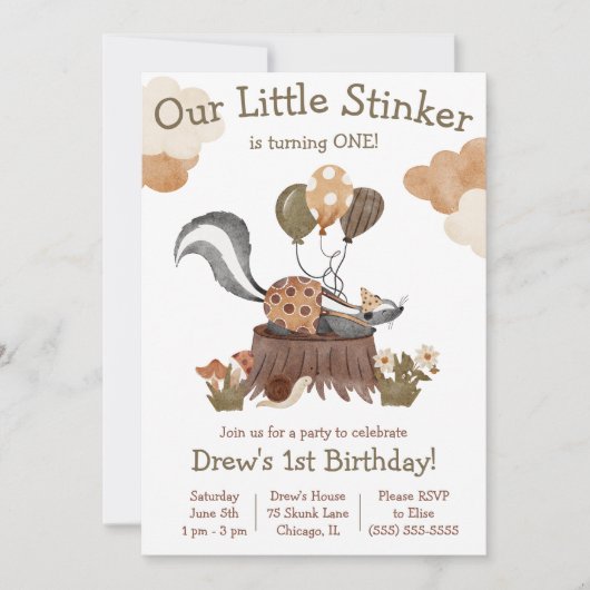 Little Stinker, Skunk, Woodland Birthday Party Einladung (Vorderseite)