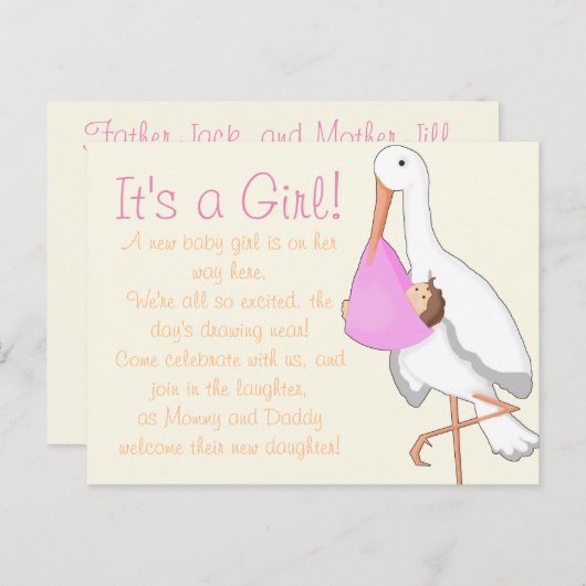 "Little Stork" Es ist ein Mädchen! Ankündigungspostkarte (Vorne/Hinten)