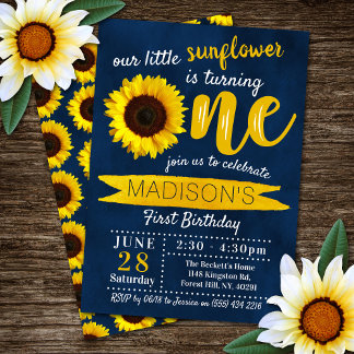 Little Sunflower Navy Blauer 1. Geburtstag Einladung