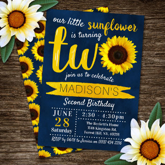 Little Sunflower Navy Blue 2. Geburtstag Einladung