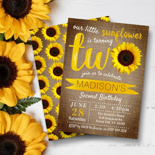 Little Sunflower Rustic Burlap 2. Geburtstag Einladung