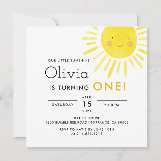 Little Sunshine 1st Birthday Party Square Einladung (Vorderseite)