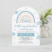 Little Sunshine Blue Boho Rainbow Arch Baby Dusche Einladung (Stehend Vorderseite)