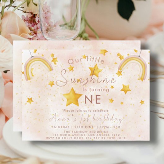 Little Sunshine Boho Rainbow Gold Star Geburtstag Einladung