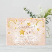 Little Sunshine Boho Rainbow Gold Star Geburtstag Einladung (Stehend Vorderseite)