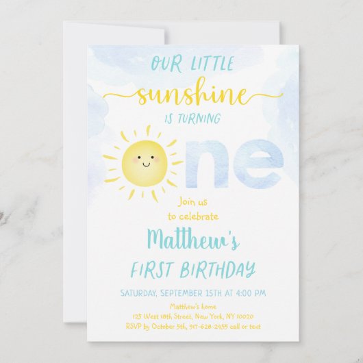 Little Sunshine Boy First Geburtstag Einladung (Vorderseite)
