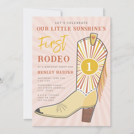 Little Sunshine First Rodeo Boot Birthday Party Einladung (Vorderseite)