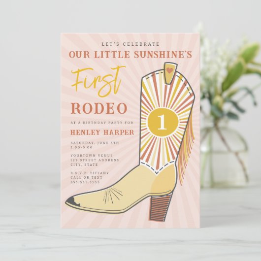 Little Sunshine First Rodeo Boot Birthday Party Einladung (Stehend Vorderseite)