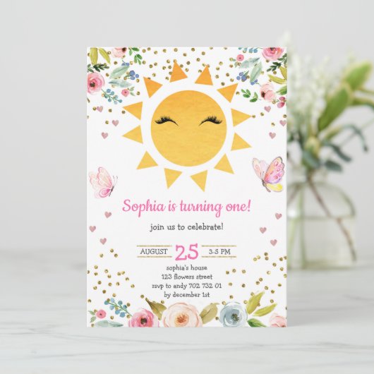 Little Sunshine Floral Niedlich Girl Erstgeburt Einladung (Stehend Vorderseite)