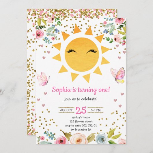 Little Sunshine Floral Niedlich Girl Erstgeburt Einladung (Vorne/Hinten)