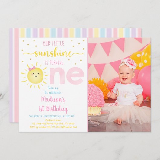 Little Sunshine Pastel Pink Gold Zum Geburtstag Einladung (Vorne/Hinten)