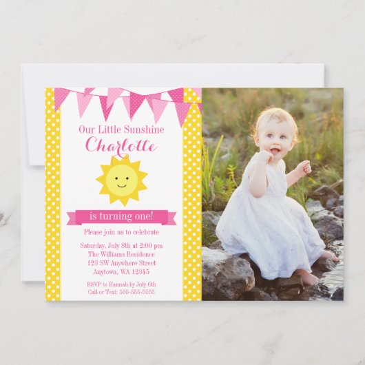 Little Sunshine Pink Gelb Geburt Foto Einladung (Vorderseite)