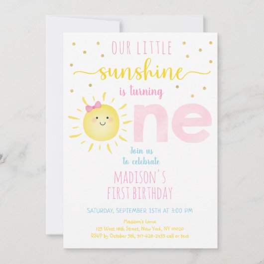 Little Sunshine Pink Gold Erstgeburt Einladung (Vorderseite)