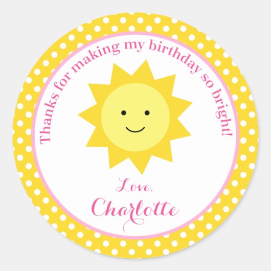 Little Sunshine Pink Yellow Birthday Party Gefalle Runder Aufkleber (Vorderseite)