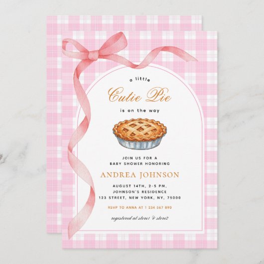 Little Süsse Pie Pink Gingham Bow Girl Baby Dusche Einladung (Vorne/Hinten)