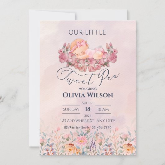 Little Sweet Pea | Niedlich Pink Blume Kinderdusch Einladung (Vorderseite)
