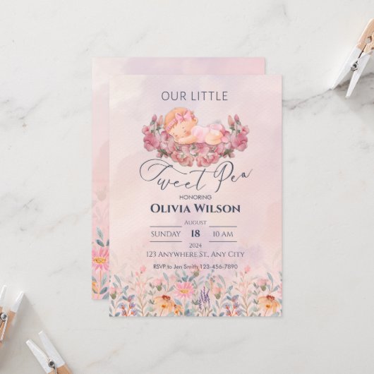 Little Sweet Pea | Niedlich Pink Blume Kinderdusch Einladung (Vorderseite/Rückseite Beispiel)