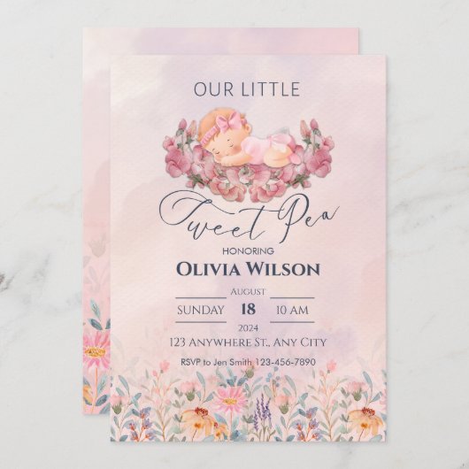 Little Sweet Pea | Niedlich Pink Blume Kinderdusch Einladung (Vorne/Hinten)