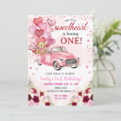 Little Sweetheart Bear Pink Hearts Truck Geburtsta Einladung (Stehend Vorderseite)