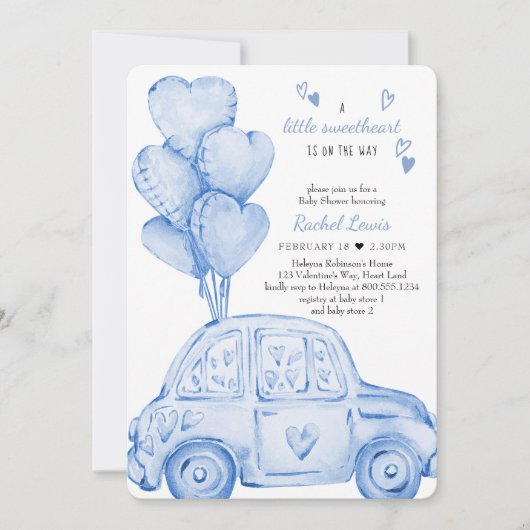 Little Sweetheart Blue Car und Balloon Baby Dusche Einladung (Vorderseite)