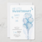 Little Sweetheart Blue Heart Balloons 1. Geburtsta Einladung (Vorderseite)
