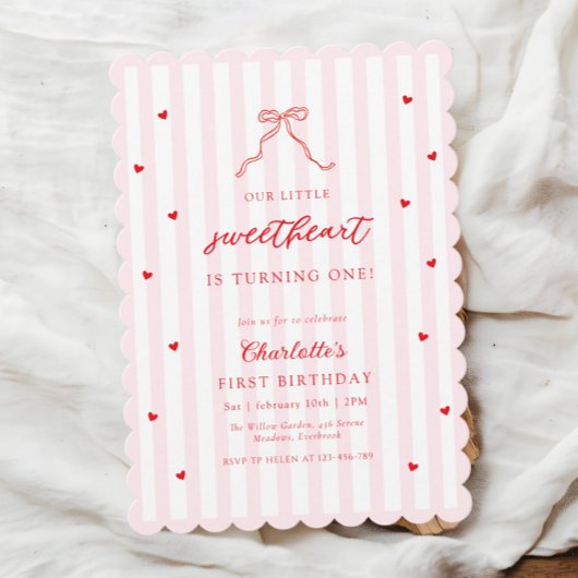 Little Sweetheart Bow First Birthday Invitation Einladung