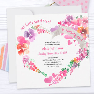 Little Sweetheart Floral Heart Girls 1. Geburtstag Einladung