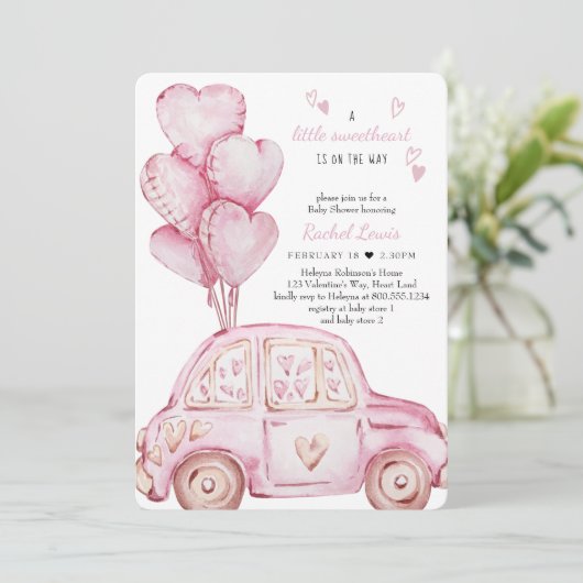 Little Sweetheart Pink Car und Balloon Baby Dusche Einladung (Stehend Vorderseite)