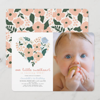 Little Sweetheart Pink Floral 1. Geburtstag Foto Einladung