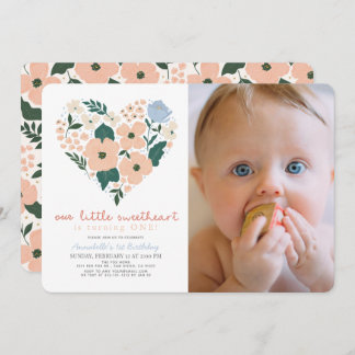 Little Sweetheart Pink Floral 1st Birthday Photo Einladung