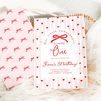 Little Sweetheart Pink Red Bow First Birthday Einladung