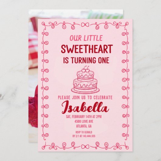 Little Sweetheart Valentine 1st Birthday Cake Einladung (Vorne/Hinten)