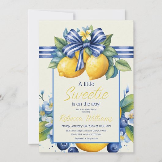 Little Sweetie Blue Bow Tile Lemon Baby Shower Einladung (Vorderseite)
