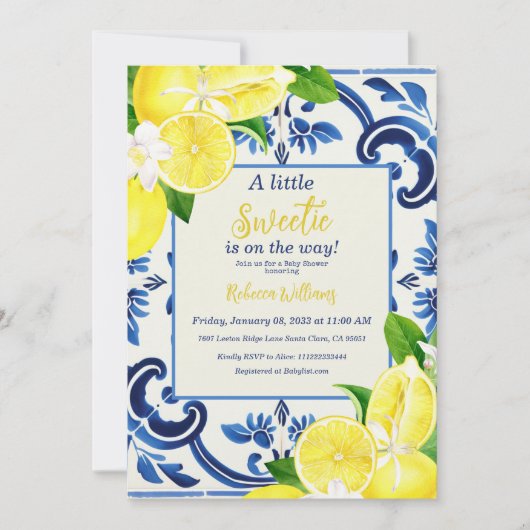 Little Sweetie Blue Tile Lemon Citrus Baby Dusche Einladung (Vorderseite)