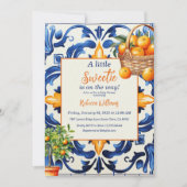 Little Sweetie Blue Tile Orange Citrus Baby Dusche Einladung (Vorderseite)