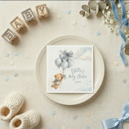 Little Teddy Bear Blue Balloons Clouds Baby Boy Serviette
